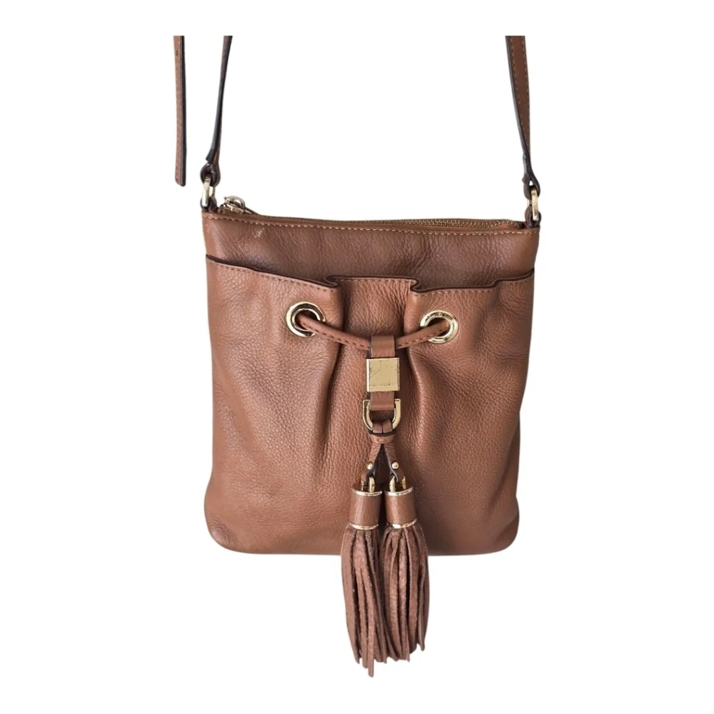 Michael Kors Leather Crossbody Bag Women's Brown Pebble Tassels Logo Small